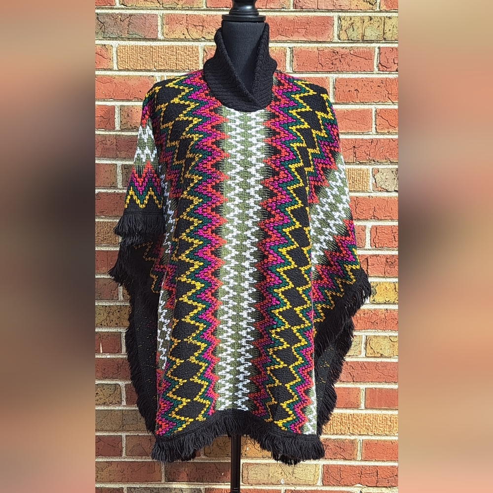 Mexican Woven Cuamatzi Pullover Fringed Chevron Poncho Shawl OS GUC